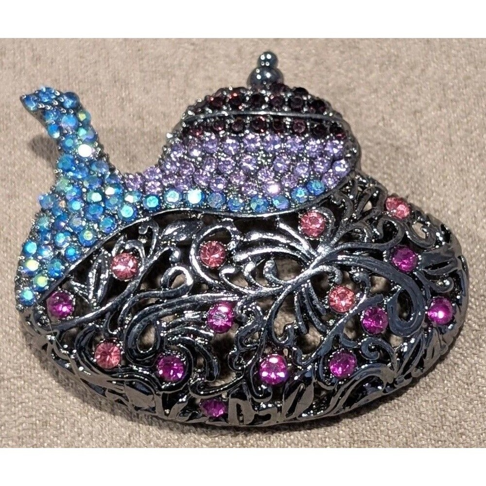 Tea Pot Genie Lamp Pin/Pendant Jewelry Silver-Tone w/Multi-Color Crystals